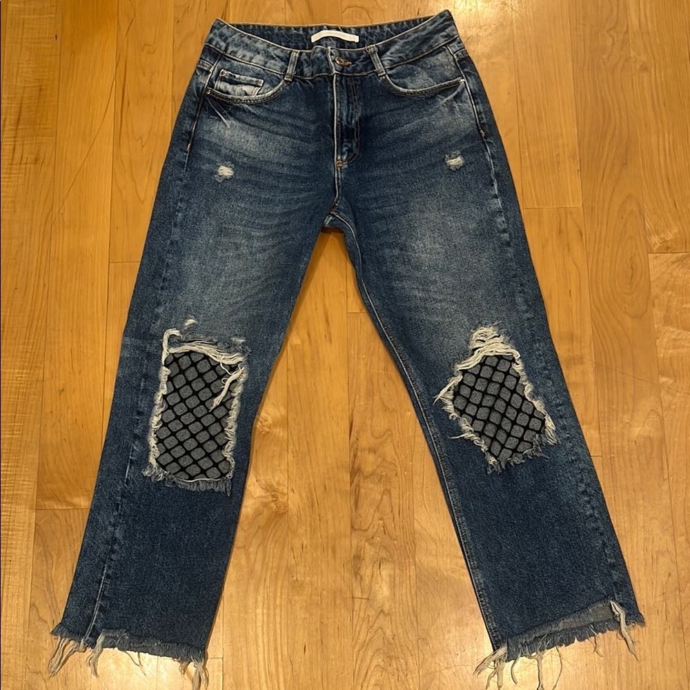 Zara Fishnet Detail Cropped Jeans Size 6